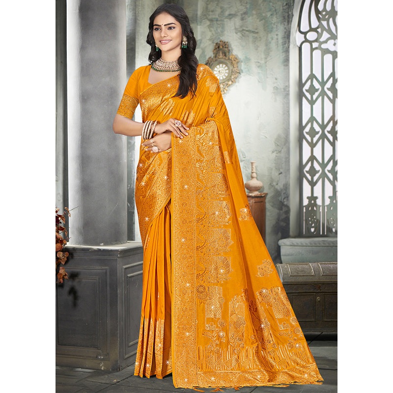 Yellow Spun Silk Saree With Blouse Piece - JD986597876
