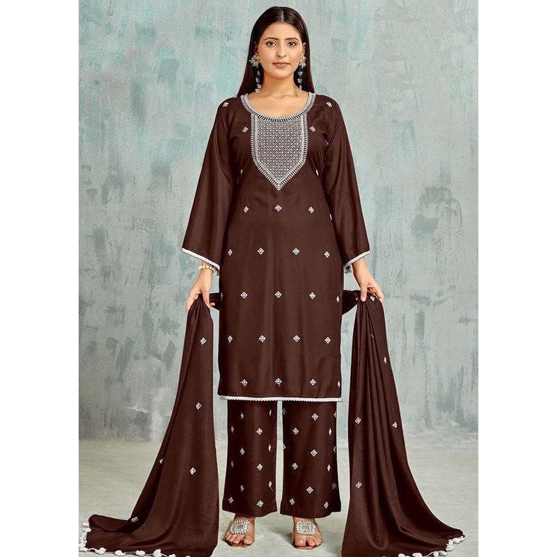 3 Pc Coffee Unstitched Cotton Suit Set - JD986597500