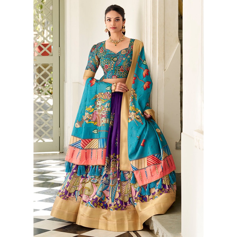 3 Pc Multicolor Silk Semi Stitched Lehenga Set - JD986597487