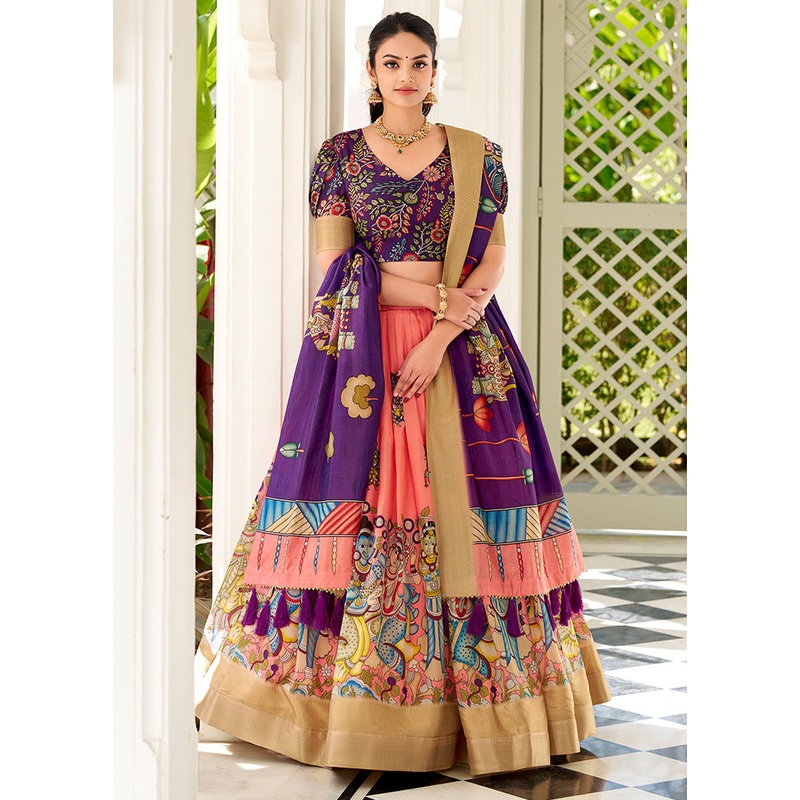 3 Pc Multicolor Silk Semi Stitched Lehenga Set - JD986597488