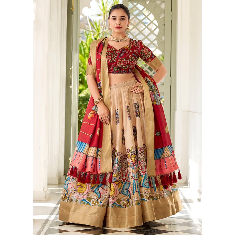 3 Pc Multicolor Silk Semi Stitched Lehenga Set - JD986597489