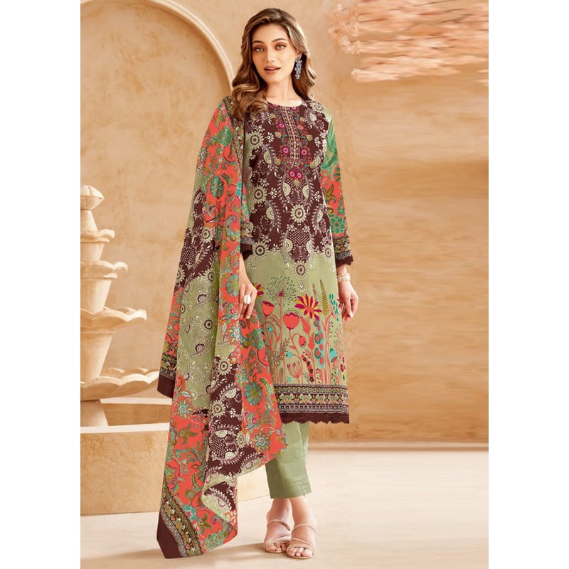 3 Pc Multicolor Unstitched Cotton Suit Set - JD986597493