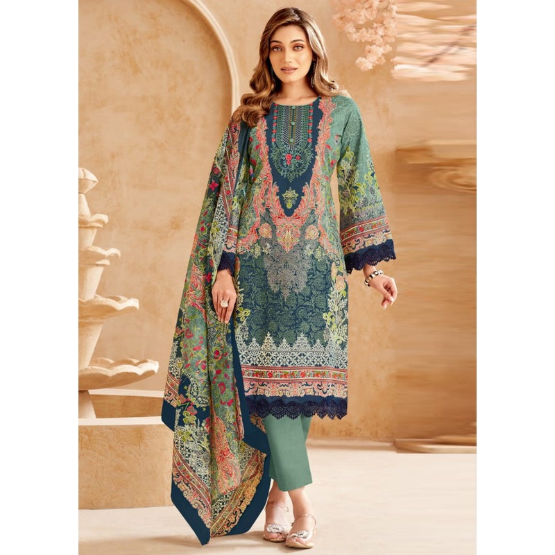 3 Pc Multicolor Unstitched Cotton Suit Set - JD986597496