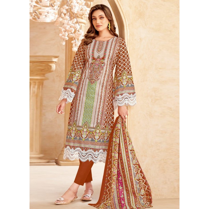 3 Pc Multicolor Unstitched Cotton Suit Set - JD986597497