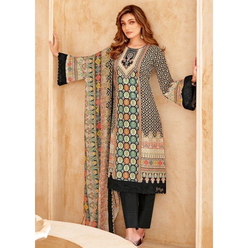 3 Pc Multicolor Unstitched Cotton Suit Set - JD986597499