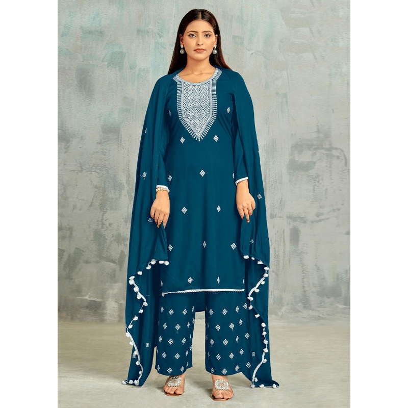 3 Pc Teal Unstitched Cotton Suit Set - JD986597490