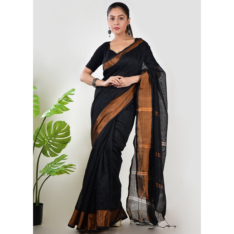 Black Linen Silk Saree With Blouse Piece - JD986597644