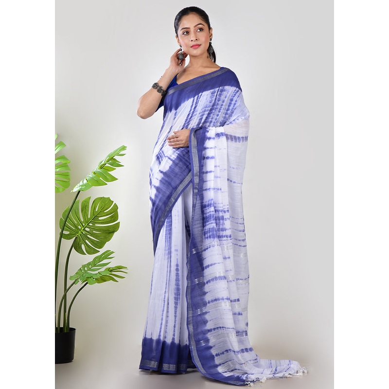 Blue Cotton Saree With Blouse Piece - JD986597643