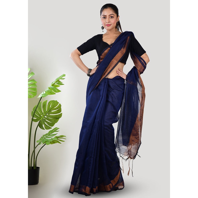 Blue Linen Silk Saree With Blouse Piece - JD986597642