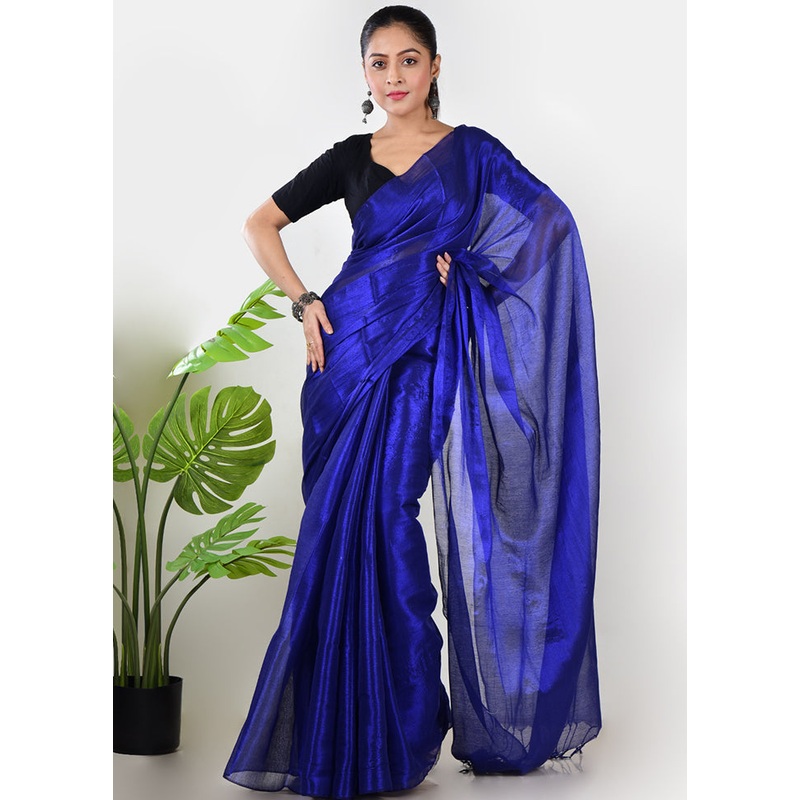 Blue Spun Silk Saree With Blouse Piece - JD986597641