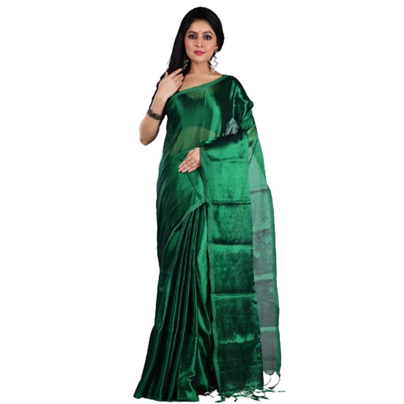 Bottle Green Spun Silk Saree With Blouse Piece - JD986597639