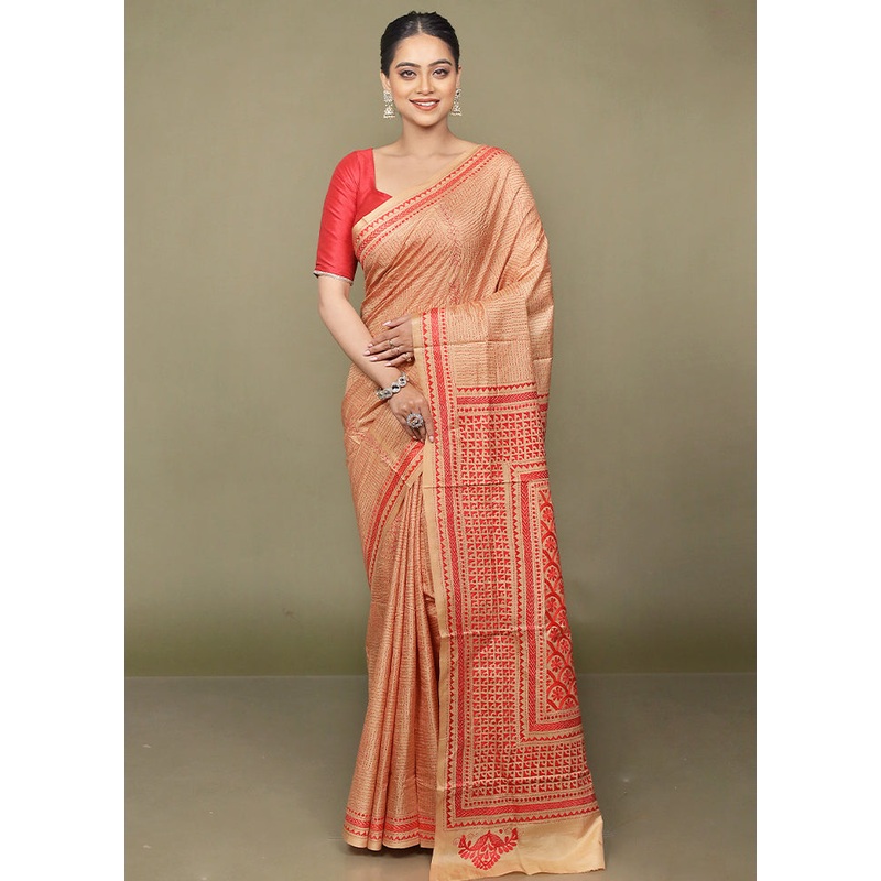 Cream Handloom Kantha Stitch Pure Silk Saree With Blouse Piece - JD986597646