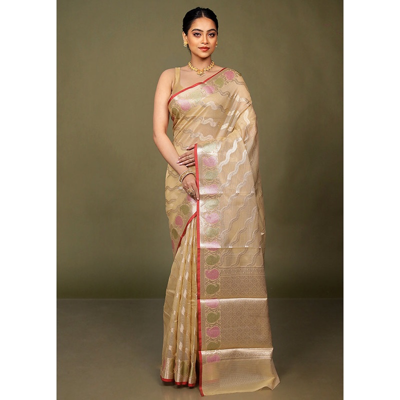 Cream Kora Silk Saree With Blouse Piece - JD986597739