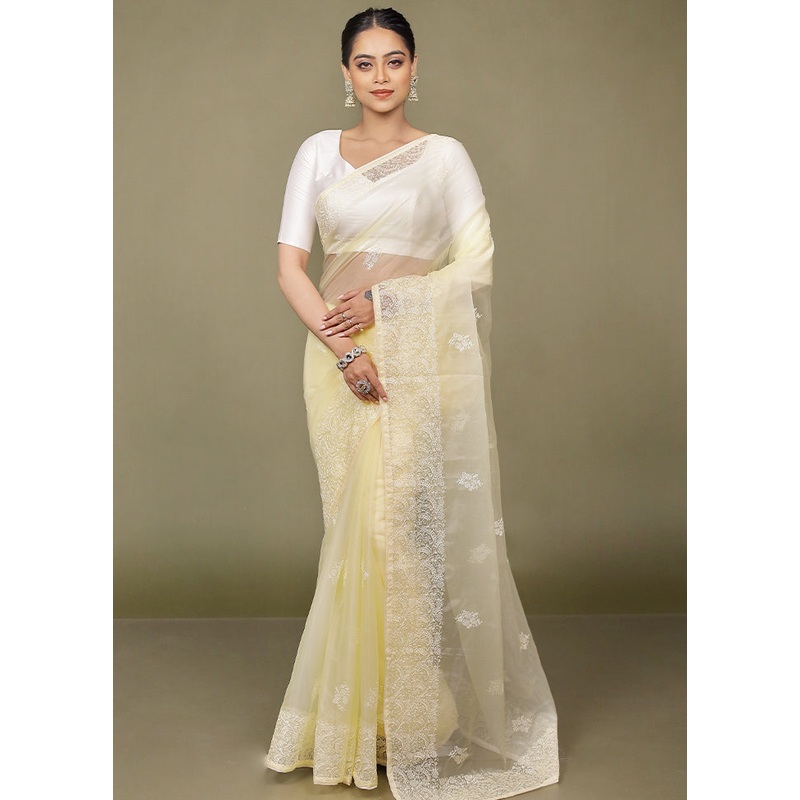 Cream Organza Saree With Blouse Piece - JD986597738