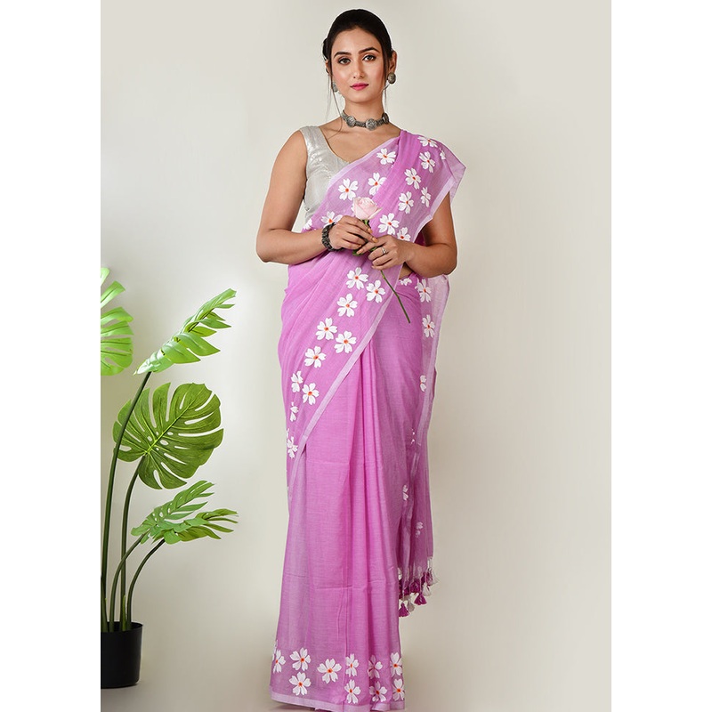Dusty Pink Pure Cotton Self Design Saree Without Blouse Piece - JD986597638