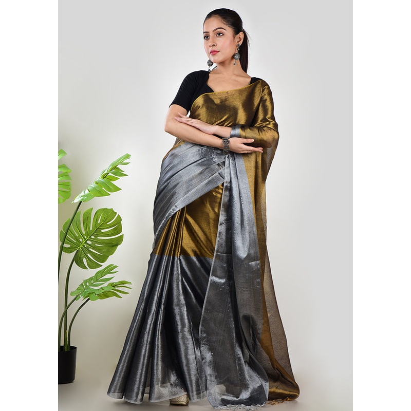 Gold Spun Silk Saree With Blouse Piece - JD986597634