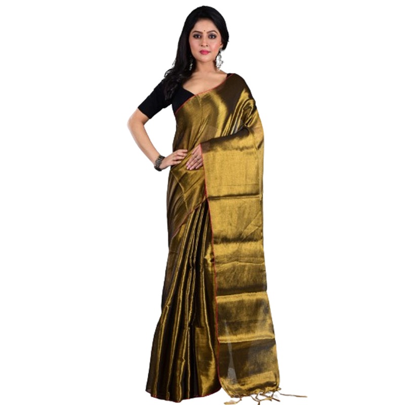 Gold Spun Silk Saree With Blouse Piece - JD986597637