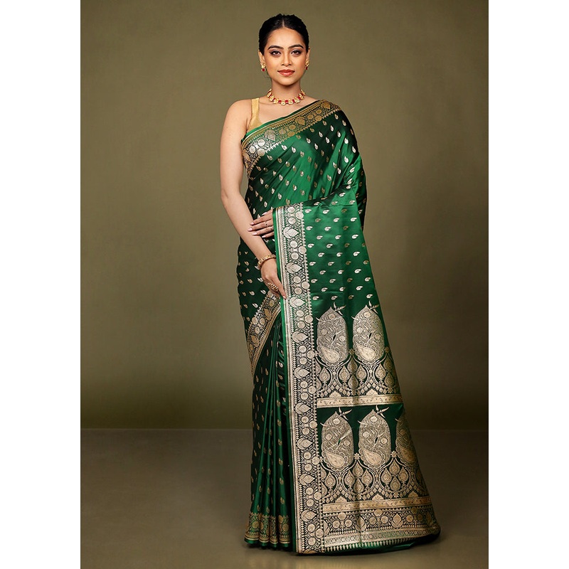 Green Banarasi Silk Saree With Blouse Piece - JD986597736