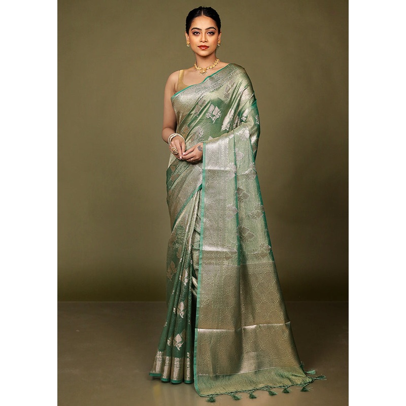 Green Crushed Tissue Silk Saree With Blouse Piece - JD986597734