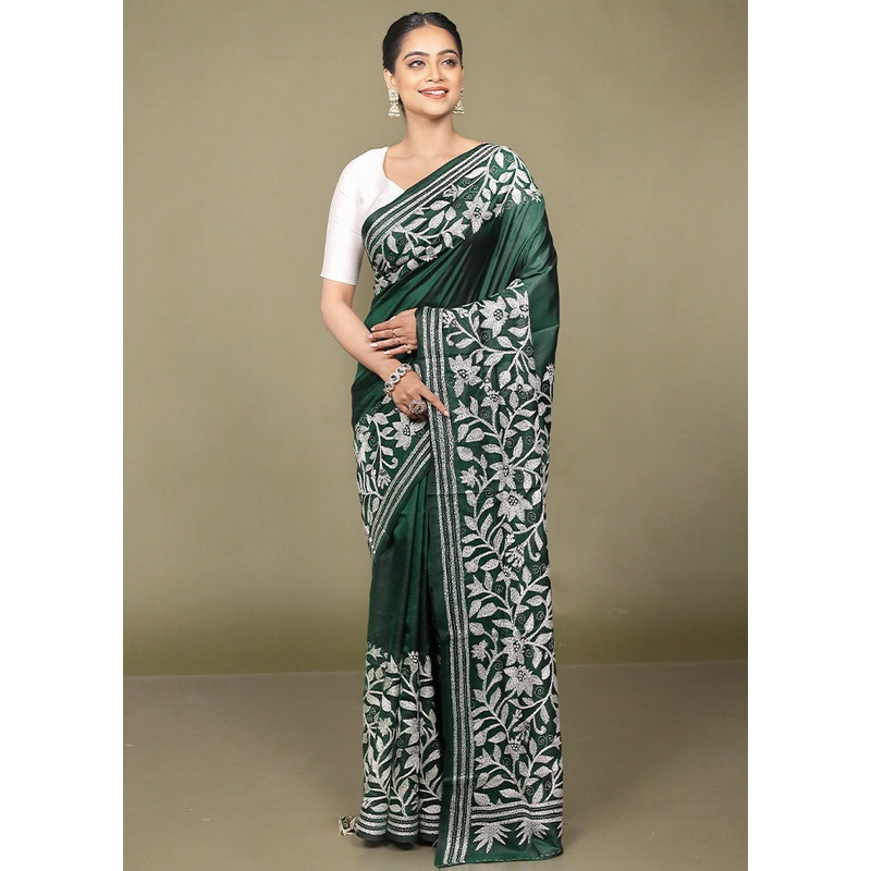 Green Handloom Kantha Stitch Pure Silk Saree With Blouse Piece - JD986597731