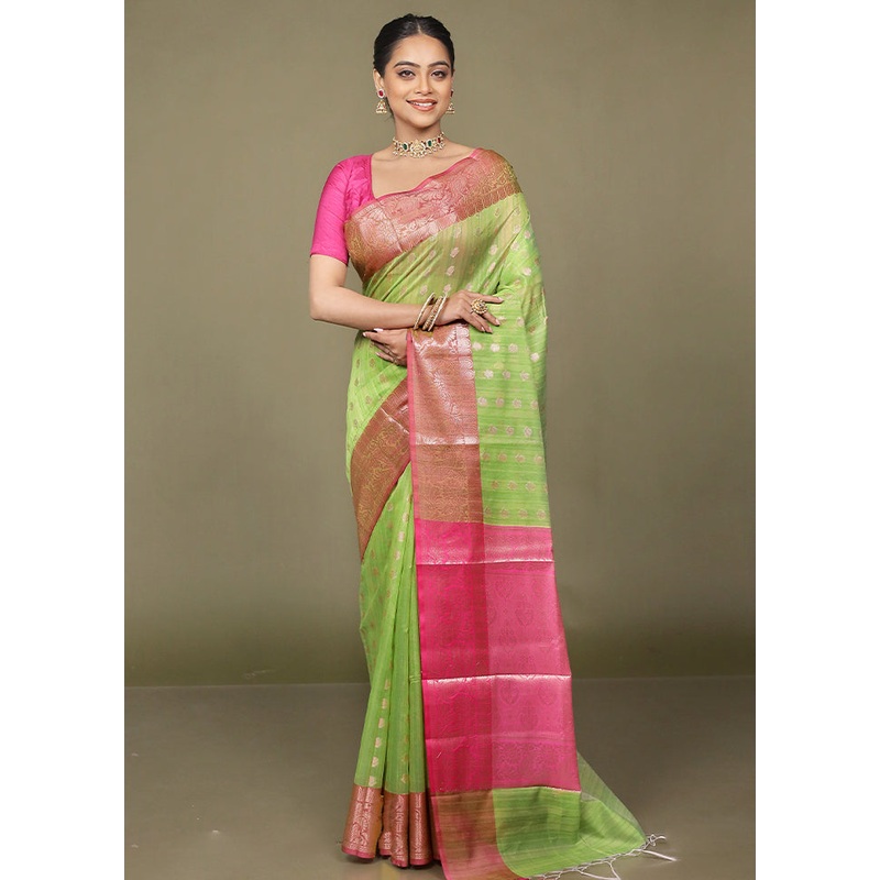 Green Kora Silk Saree With Blouse Piece - JD986597726