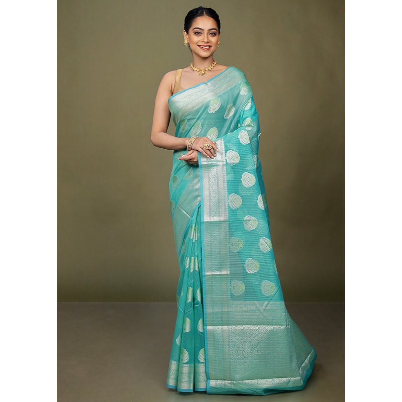 Green Kora Silk Saree With Blouse Piece - JD986597730