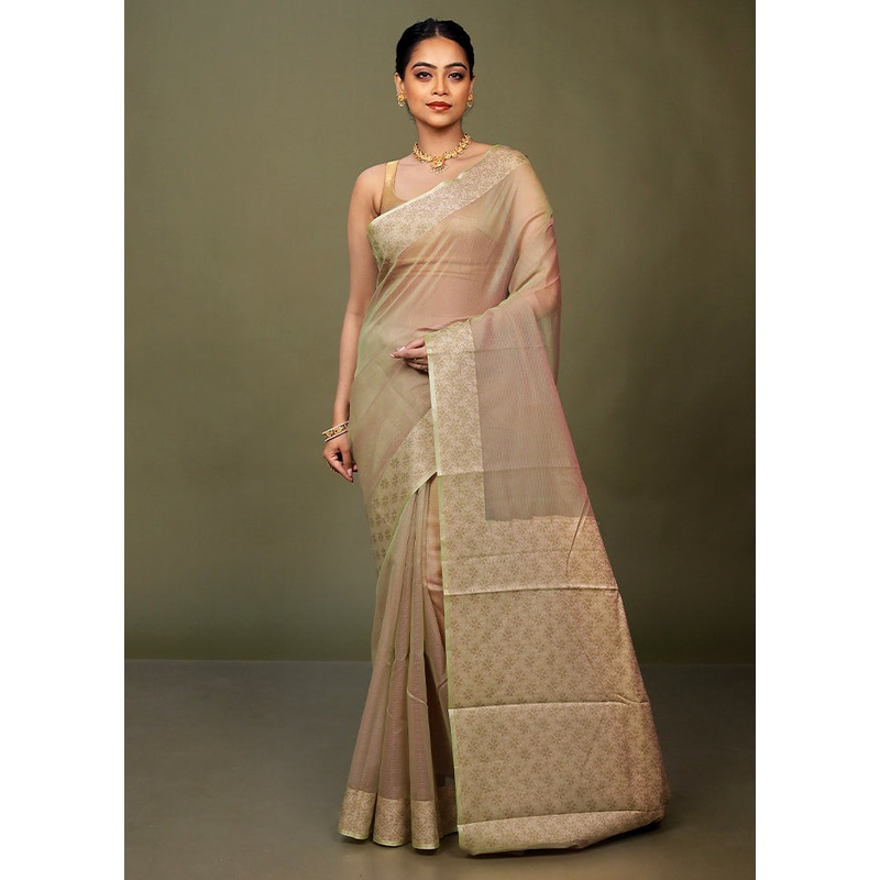 Green Kota Cotton Saree With Blouse Piece - JD986597723