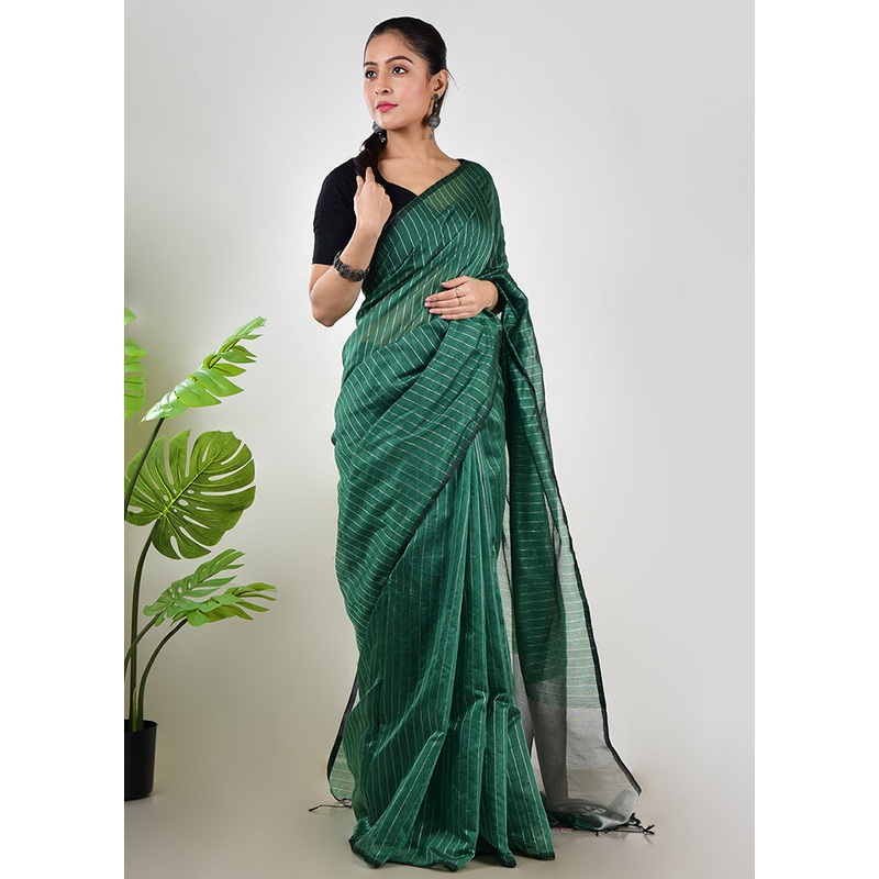 Green Linen Silk Saree With Blouse Piece - JD986597632