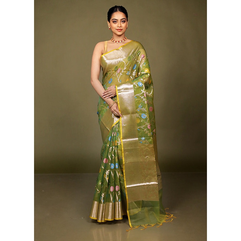 Green Organza Saree With Blouse Piece - JD986597717