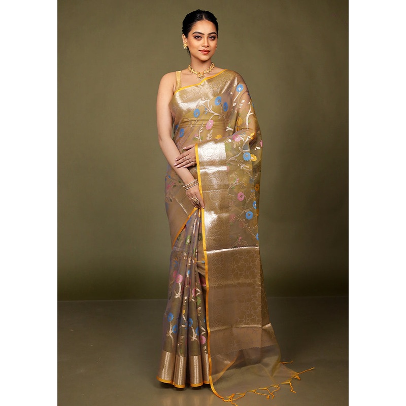 Green Organza Saree With Blouse Piece - JD986597718