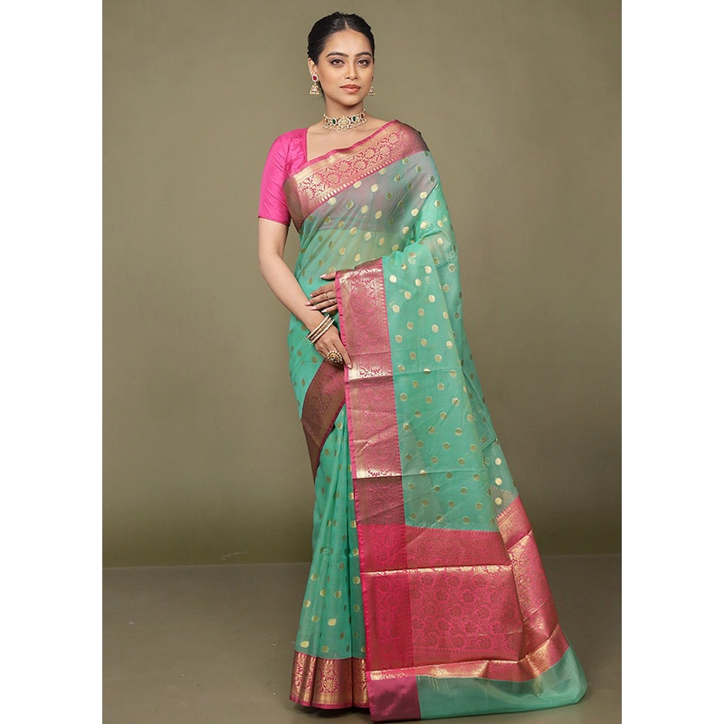 Green Organza Saree With Blouse Piece - JD986597719