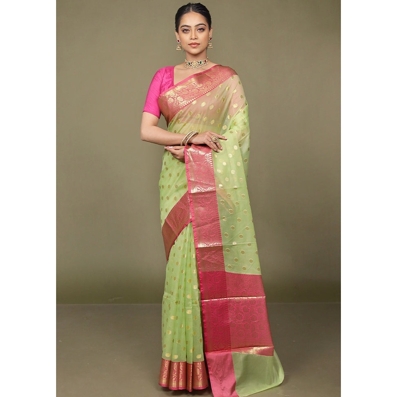 Green Organza Saree With Blouse Piece - JD986597720