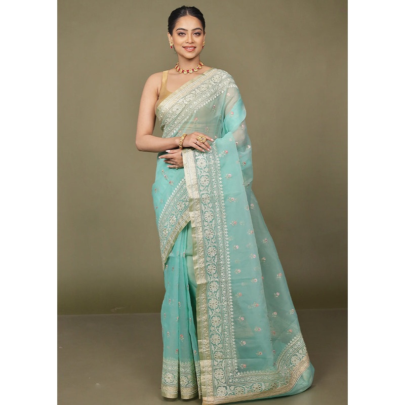 Green Organza Saree With Blouse Piece - JD986597721