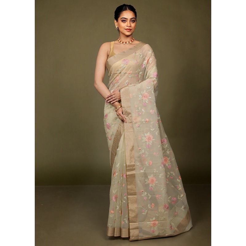 Green Organza Saree With Blouse Piece - JD986597722