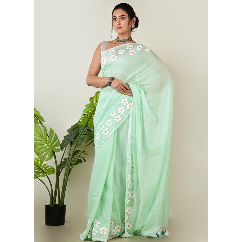 Green Pure Cotton Self Design Saree Without Blouse Piece - JD986597631