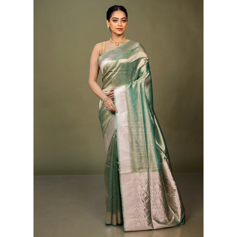Green Tissue Silk Saree With Blouse Piece - JD986597716