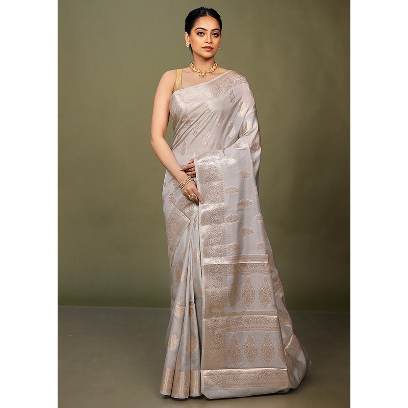 Grey Dupion Silk Saree With Blouse Piece - JD986597714