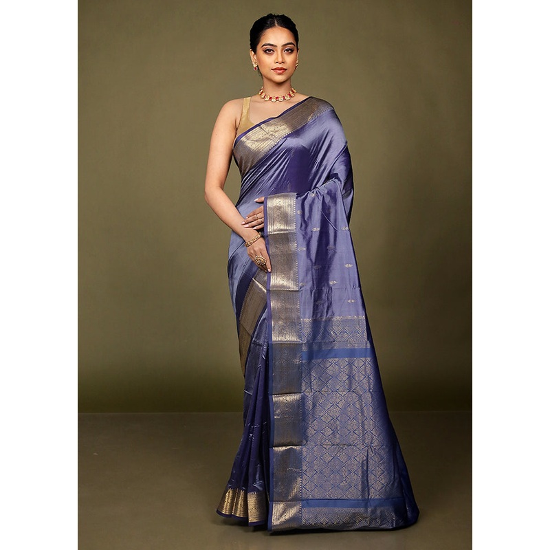 Grey Handloom Kanjivaram Pure Silk Saree With Blouse Piece - JD986597713