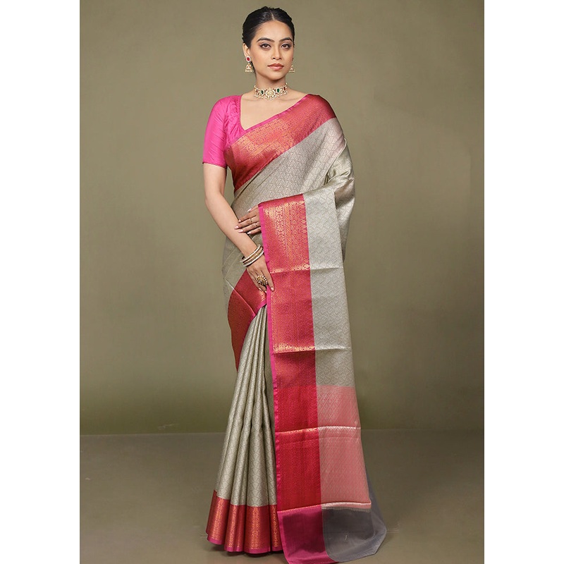 Grey Kora Silk Saree With Blouse Piece - JD986597711