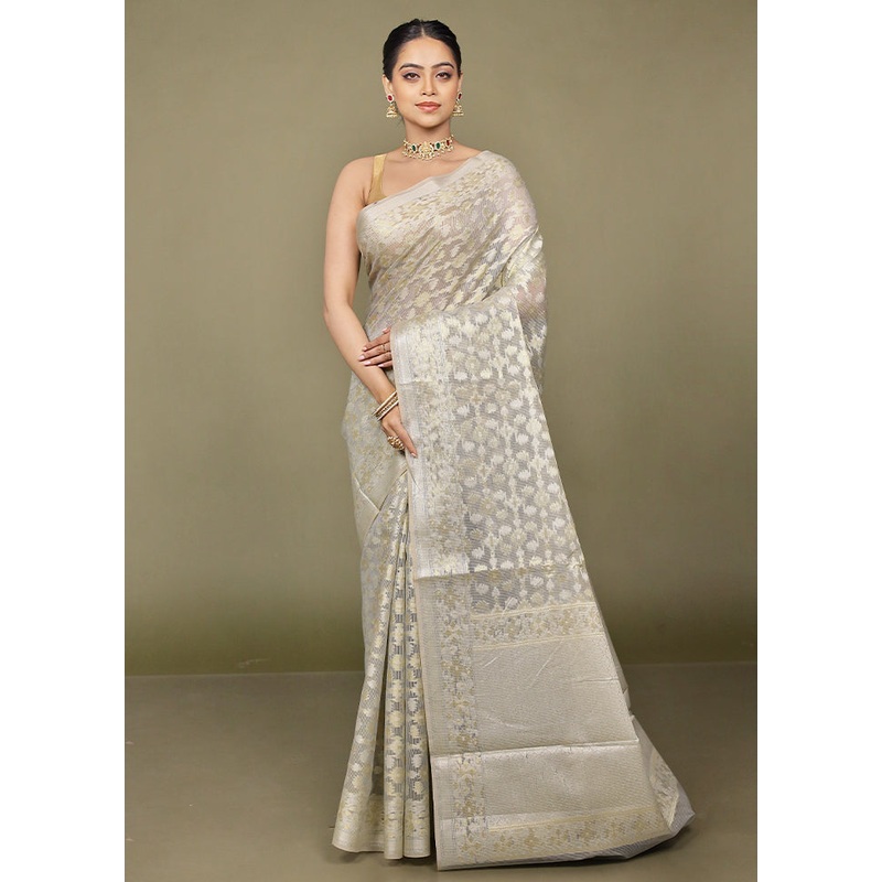 Grey Kota Cotton Saree With Blouse Piece - JD986597710
