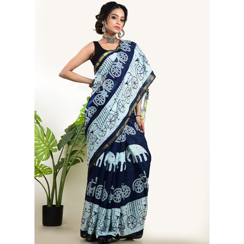 Indigo Blue Cotton Saree With Blouse Piece - JD986597628