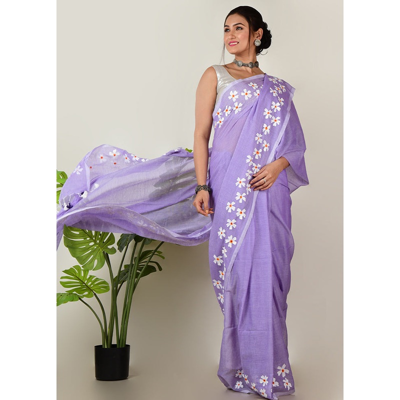 Lavender Pure Cotton Self Design Saree Without Blouse Piece - JD986597627