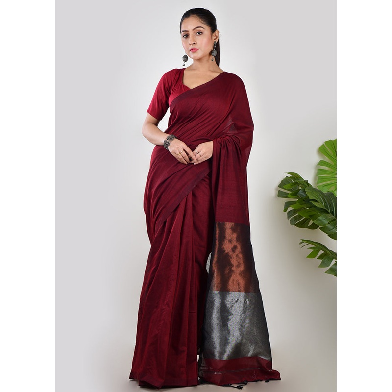 Maroon Cotton Saree With Blouse Piece - JD986597625