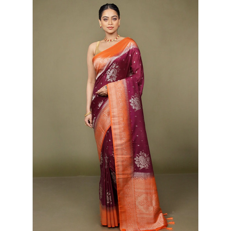 Maroon Dupion Silk Saree With Blouse Piece - JD986597708