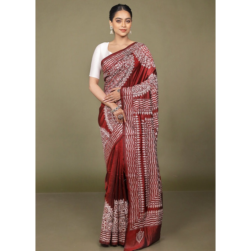 Maroon Handloom Kantha Stitch Pure Silk Saree With Blouse Piece - JD986597707