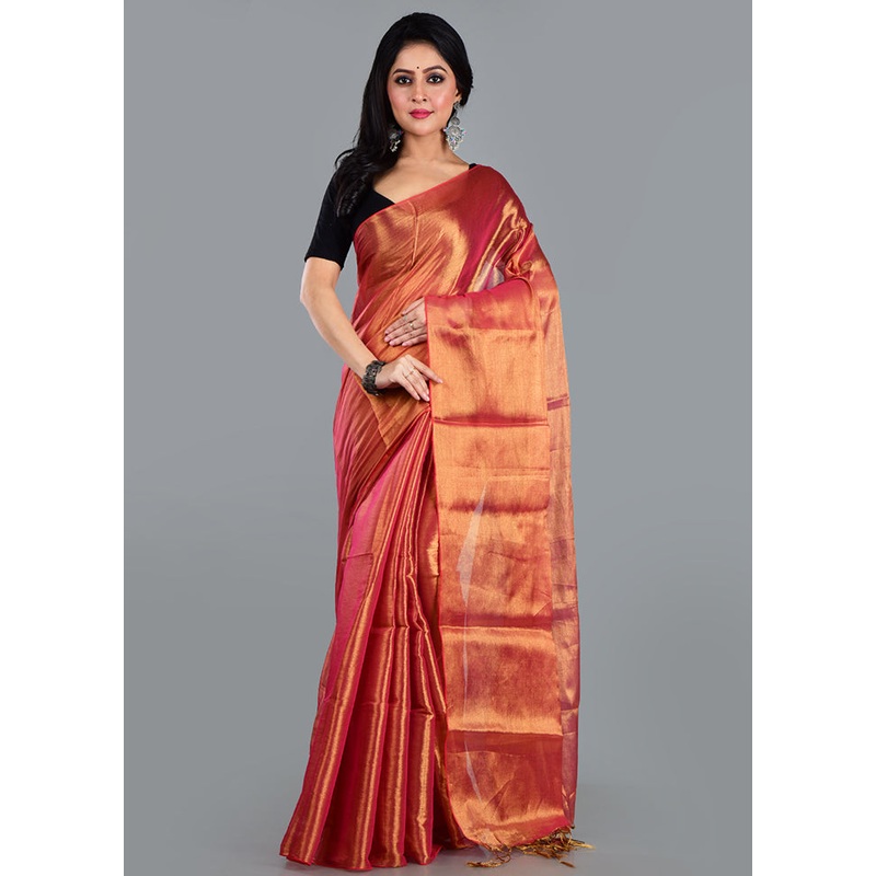 Orange Spun Silk Saree With Blouse Piece - JD986597620