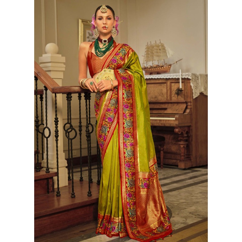 Parrot Green Banarasi Silk Saree With Blouse Piece - JD986597749