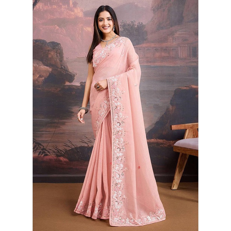 Peach Organza Saree With Blouse Piece - JD986597748
