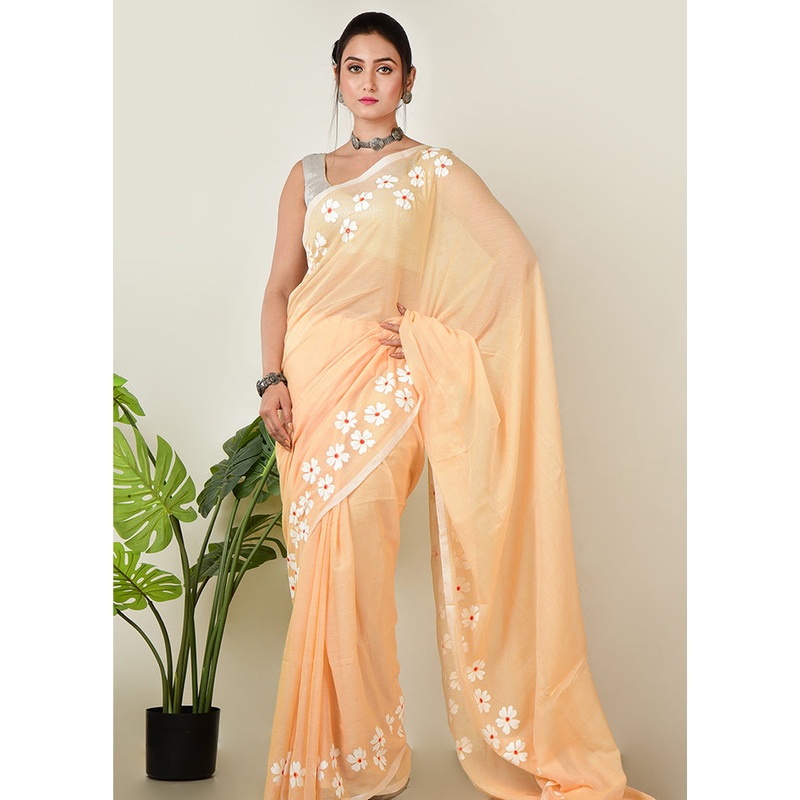 Peach Pure Cotton Self Design Saree Without Blouse Piece - JD986597619