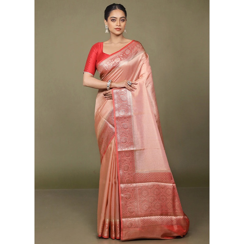 Peach Tissue Silk Saree With Blouse Piece - JD986597705